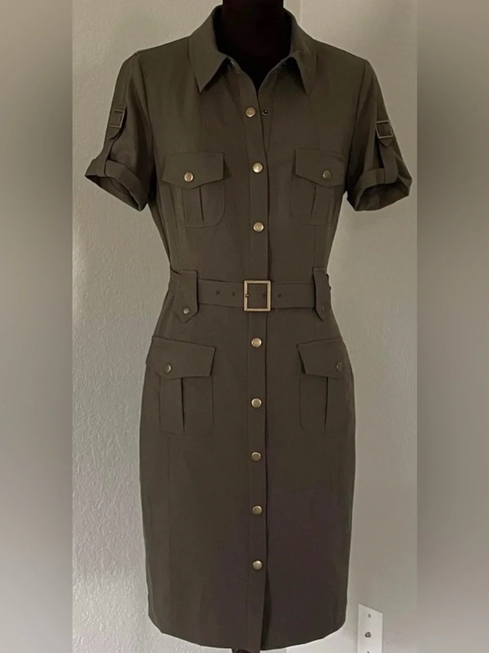 Calvin Klein Olive Green Utility Shirt Dress with Belt - Picture 1 of 4